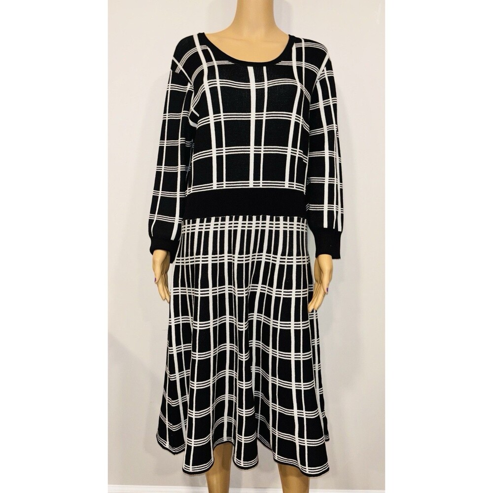 Nina Leonard Plaid Scoop Neck Jacquard Knit Sweater Dress Black White Midi Sz XL